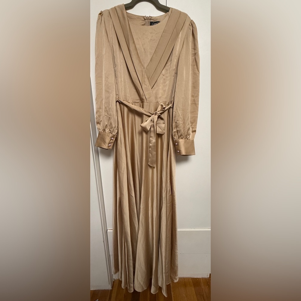 Long Sleeve Tie-Waist Maxi Dress in light Camel beige Size 12 A-line